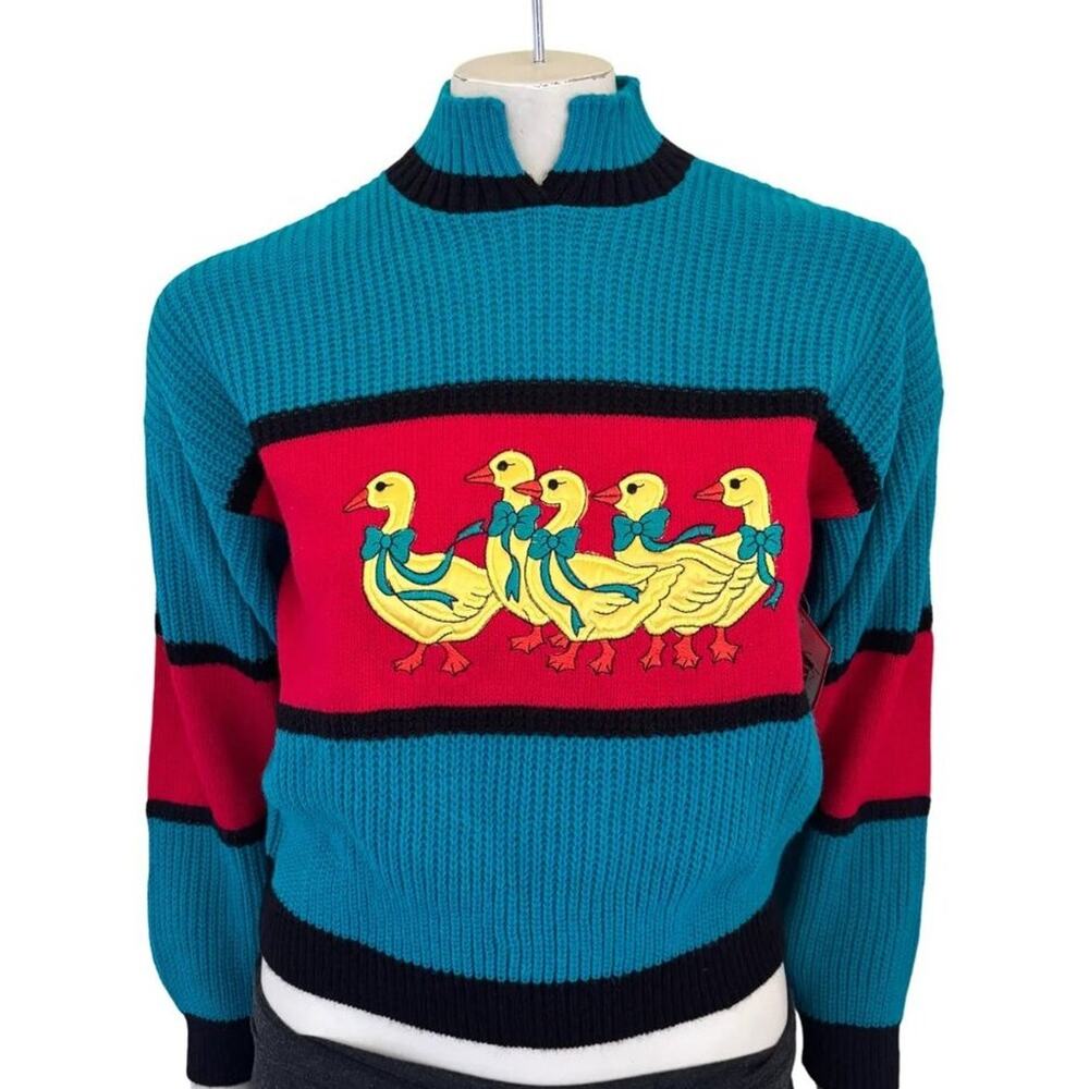 NWT VTG KNITWAVES Ducks with Bows Ribbed Knit Colorblock Sweater  70s 80s  SZ 6